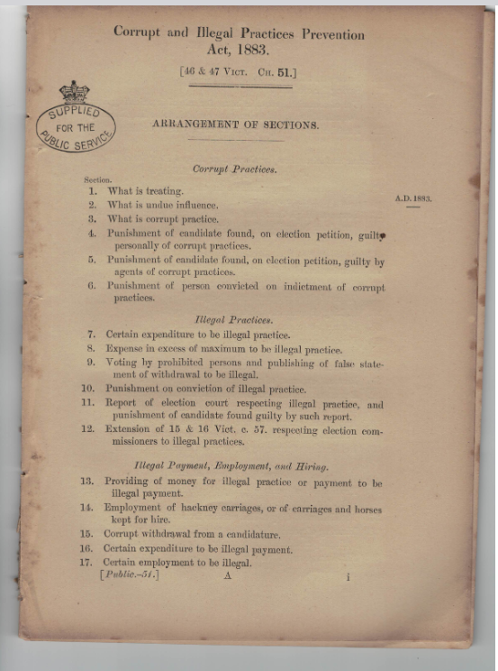 Tackling the problem of electoral corruption: the 1883 Corrupt and Illegal Practices Prevention Act